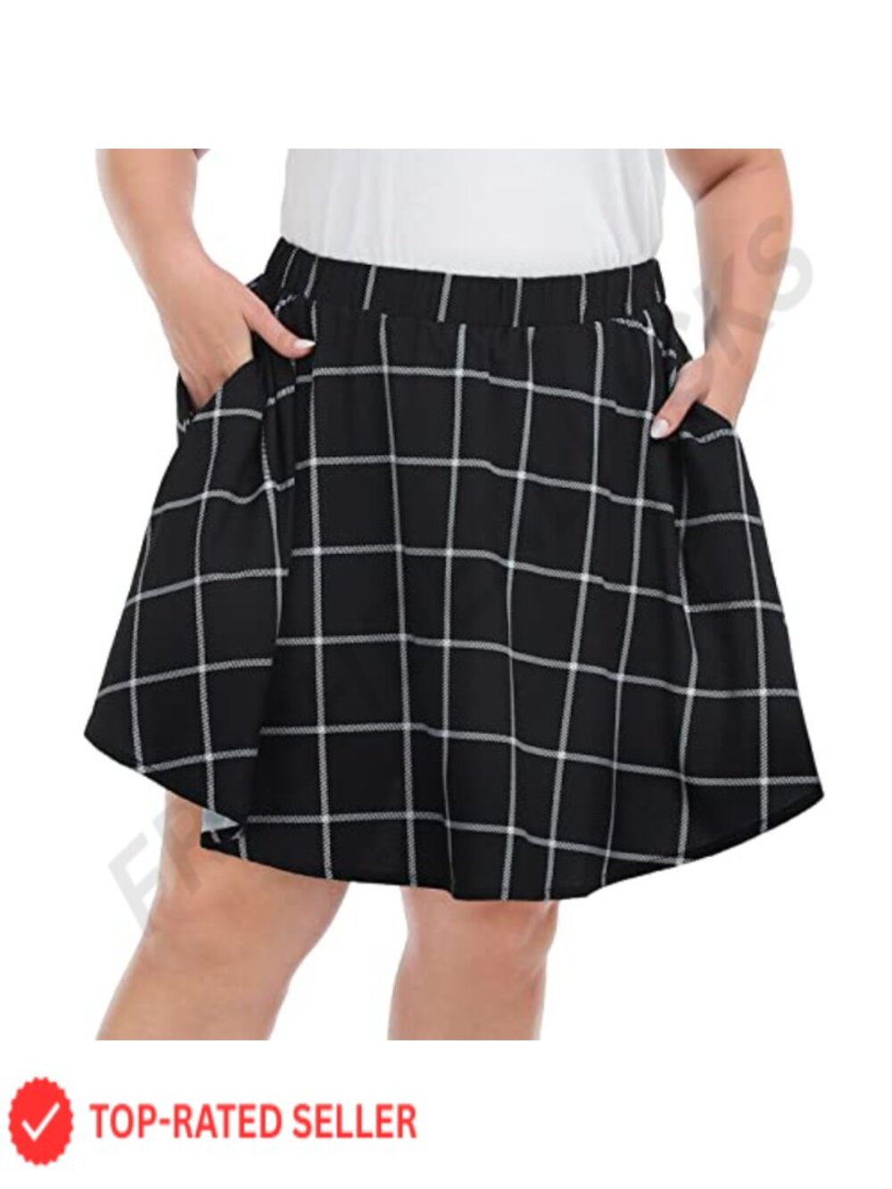 Plus Size Pleated Skater Skirt High Waist Elastic Waistband with Pockets